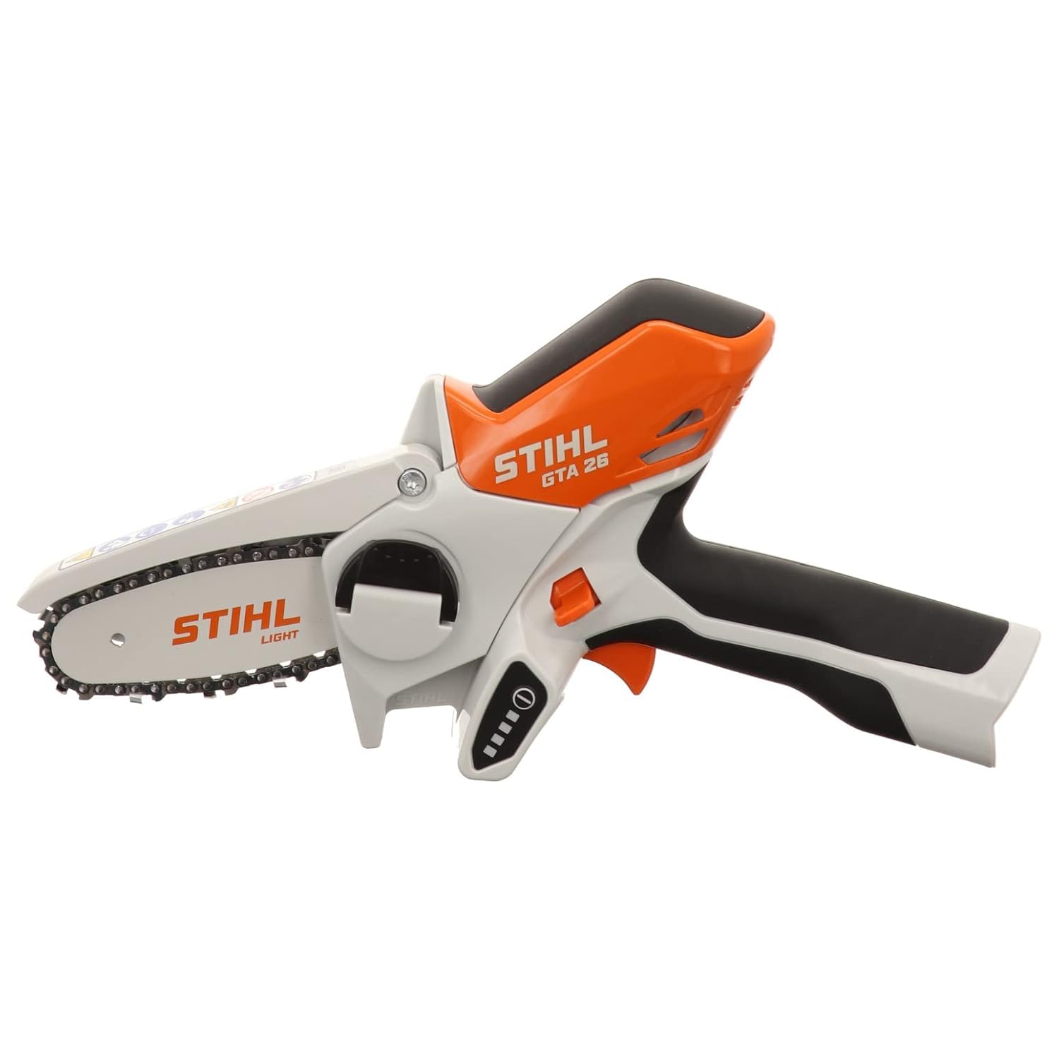 Stihl GTA 26 in garden setting showing quiet, emission-free pruning benefit