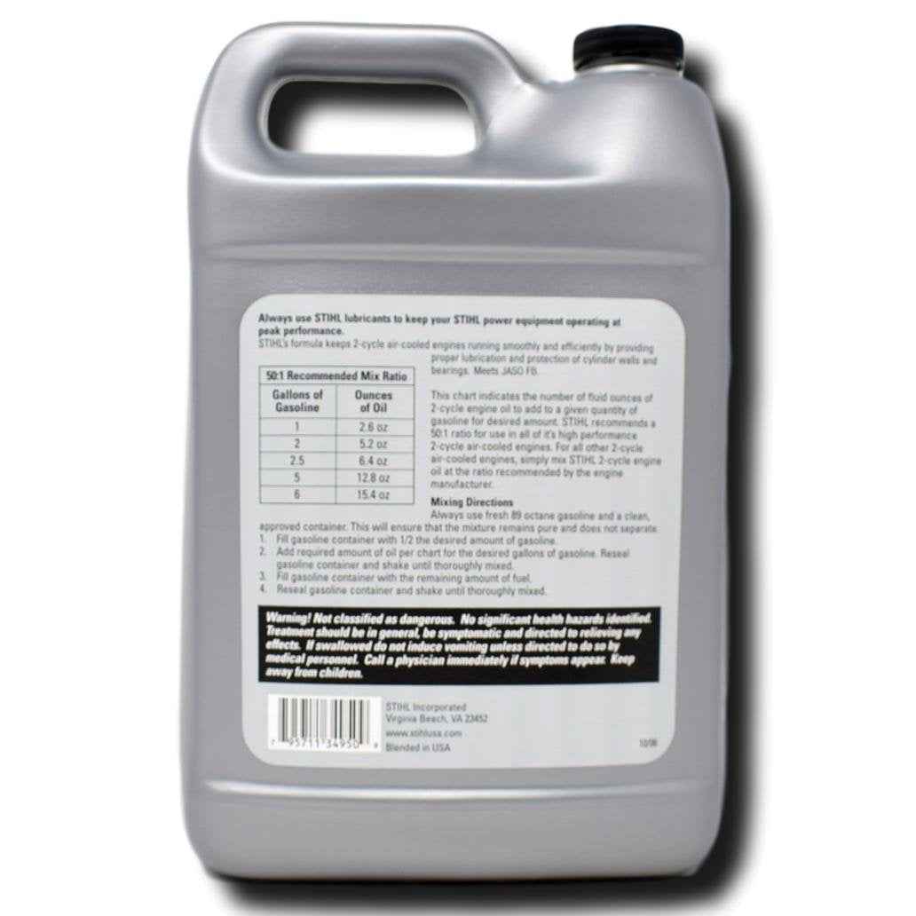 Stihl HP Ultra being poured into fuel container for mixing, demonstrates proper 50:1 preparation