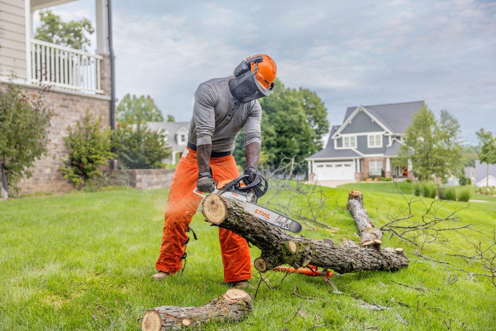 Stihl MS 162 16-inch bar and chain close-up highlighting durable cutting components
