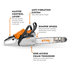 Stihl MS 162 left-side detail showing controls and service points for convenience