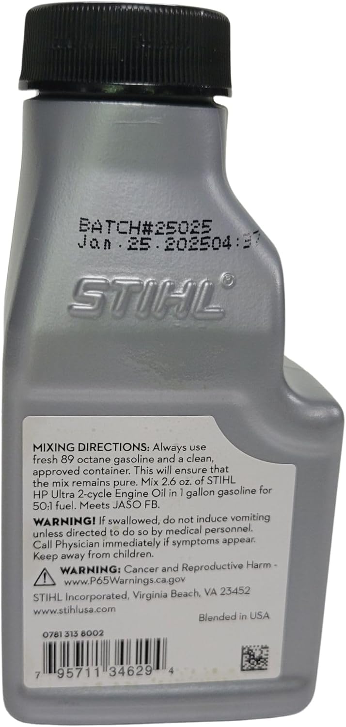 STIHL bottle held in hand for size comparison and portable fuel supply benefit