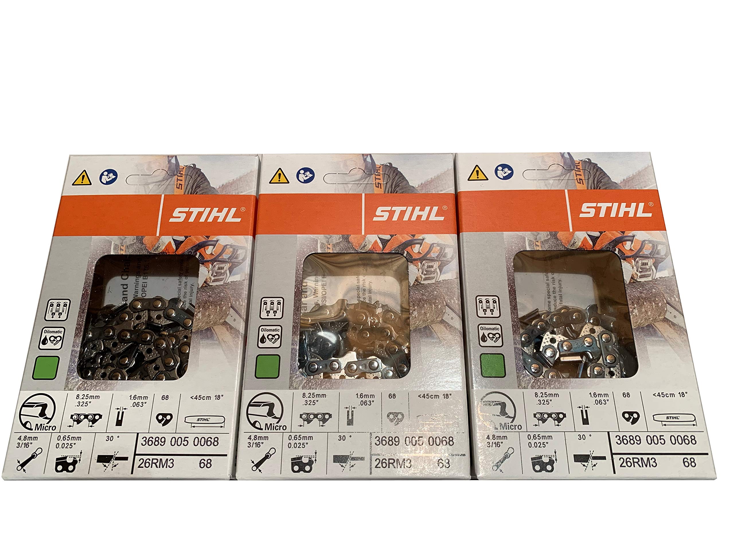 Stihl Oilomatic 3-pack front packaging showing three wrapped chains and labels, convenient spare supply
