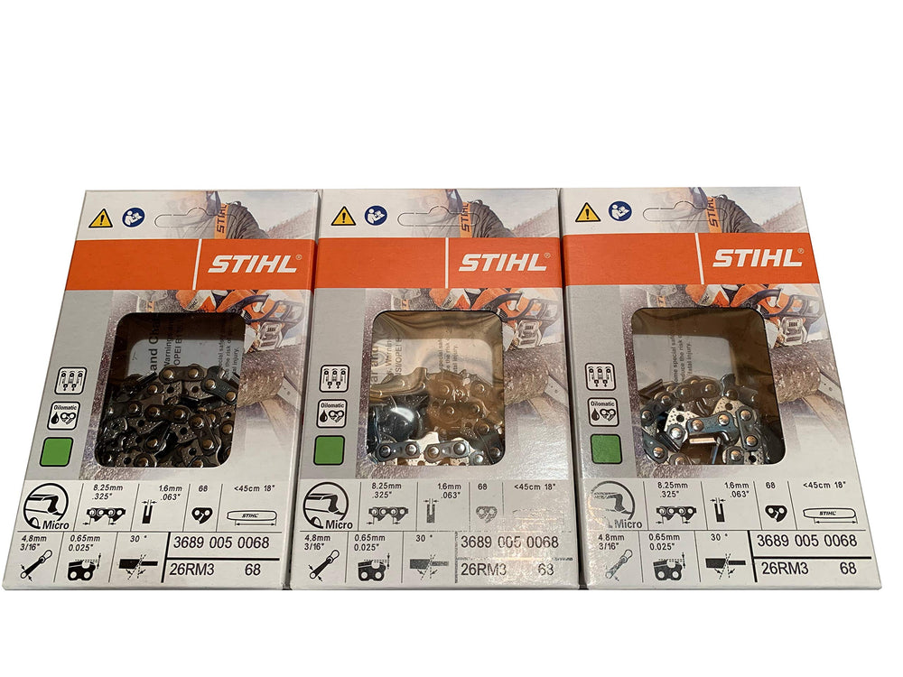 Stihl Oilomatic 3-pack front packaging showing three wrapped chains and labels, convenient spare supply