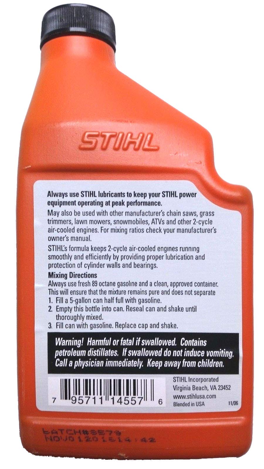 STIHL closeup of pour spout showing controlled pouring and reduced waste