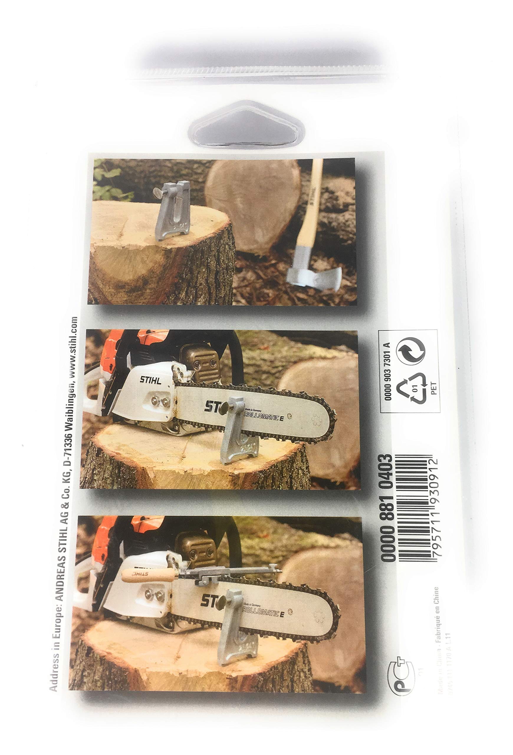 Stihl sharpening bridge clamped on chain in use for consistent tooth angles and faster maintenance