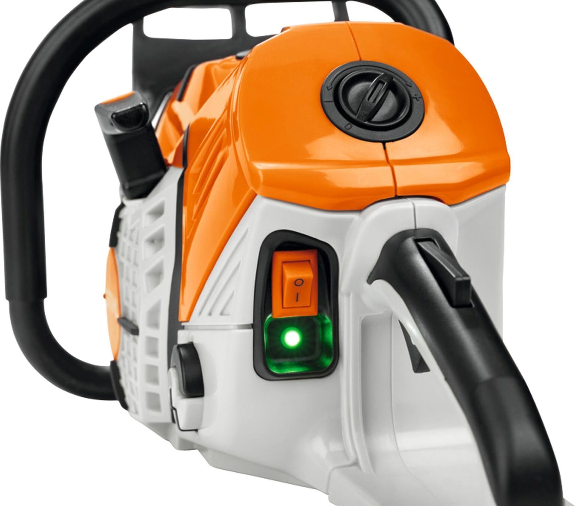 STIHL toy chainsaw close-up chain detail demonstrating realistic movable chain