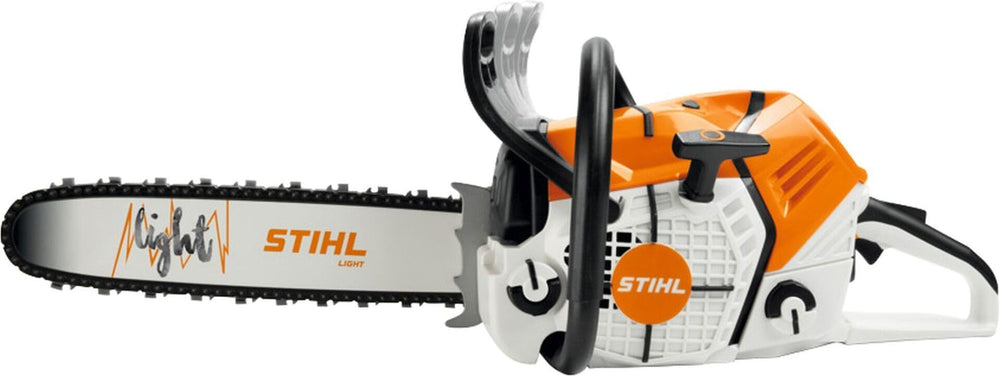 STIHL toy chainsaw front view showing lifelike design and safe plastic body