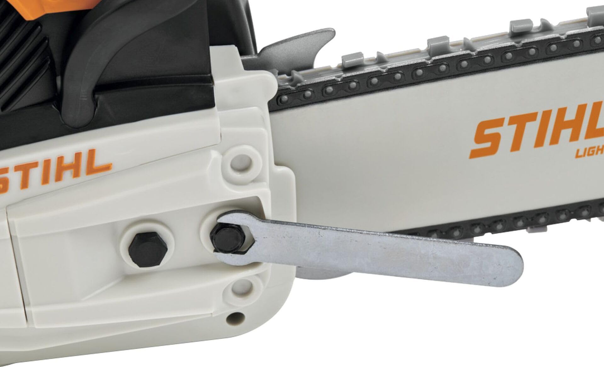 STIHL toy chainsaw next to ruler for 40 cm scale and easy storage benefit