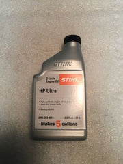 Stihl Ultra 2-cycle close-up label highlighting synthetic formula and cleaning benefits