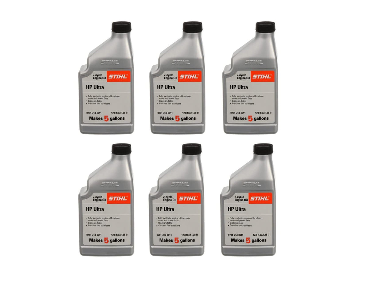 Stihl Ultra 2-cycle 12.8oz six-pack front packaging showing bottles and brand for reliable storage