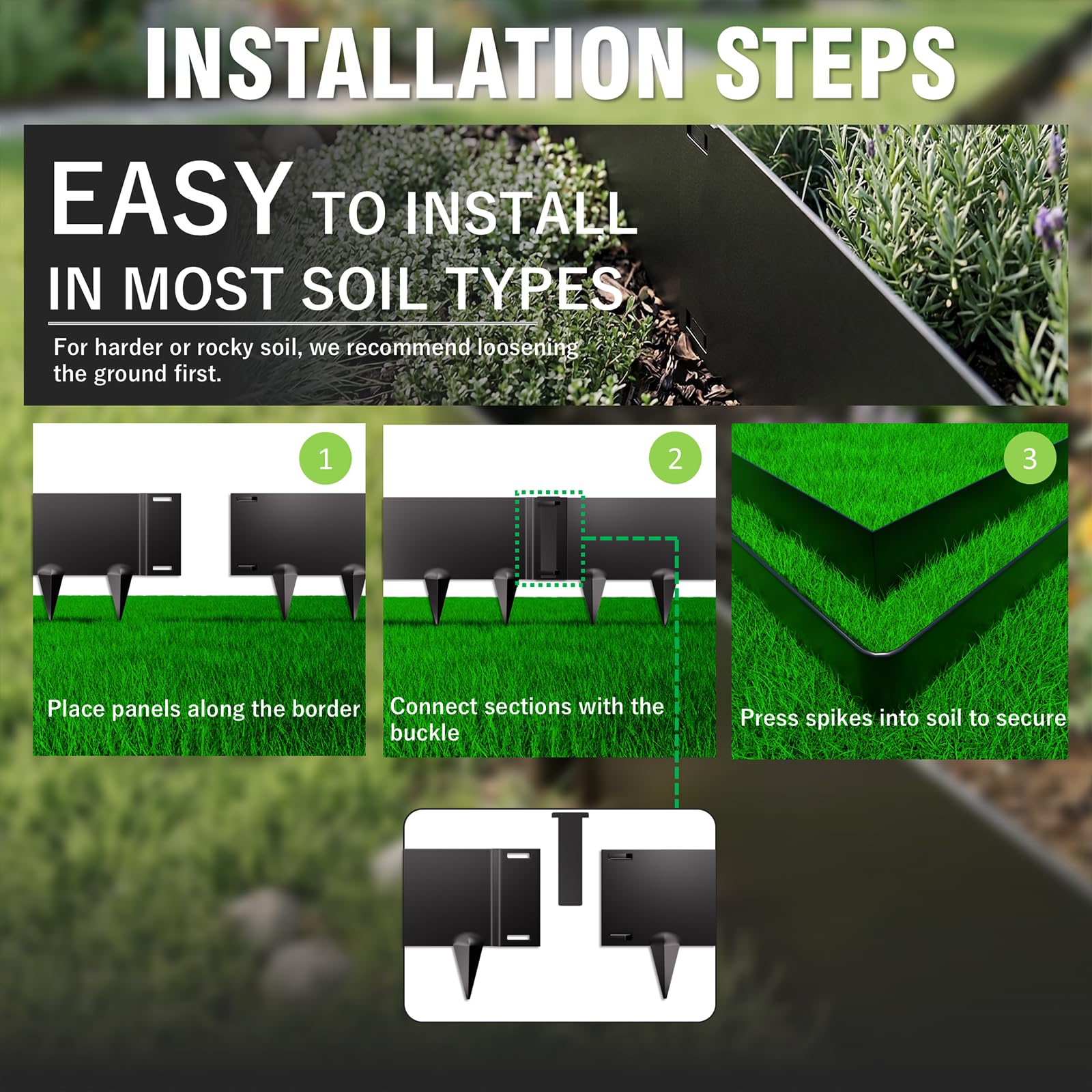 STIRLINGEAR detailing built-in spike anchoring for secure installation and soil grip