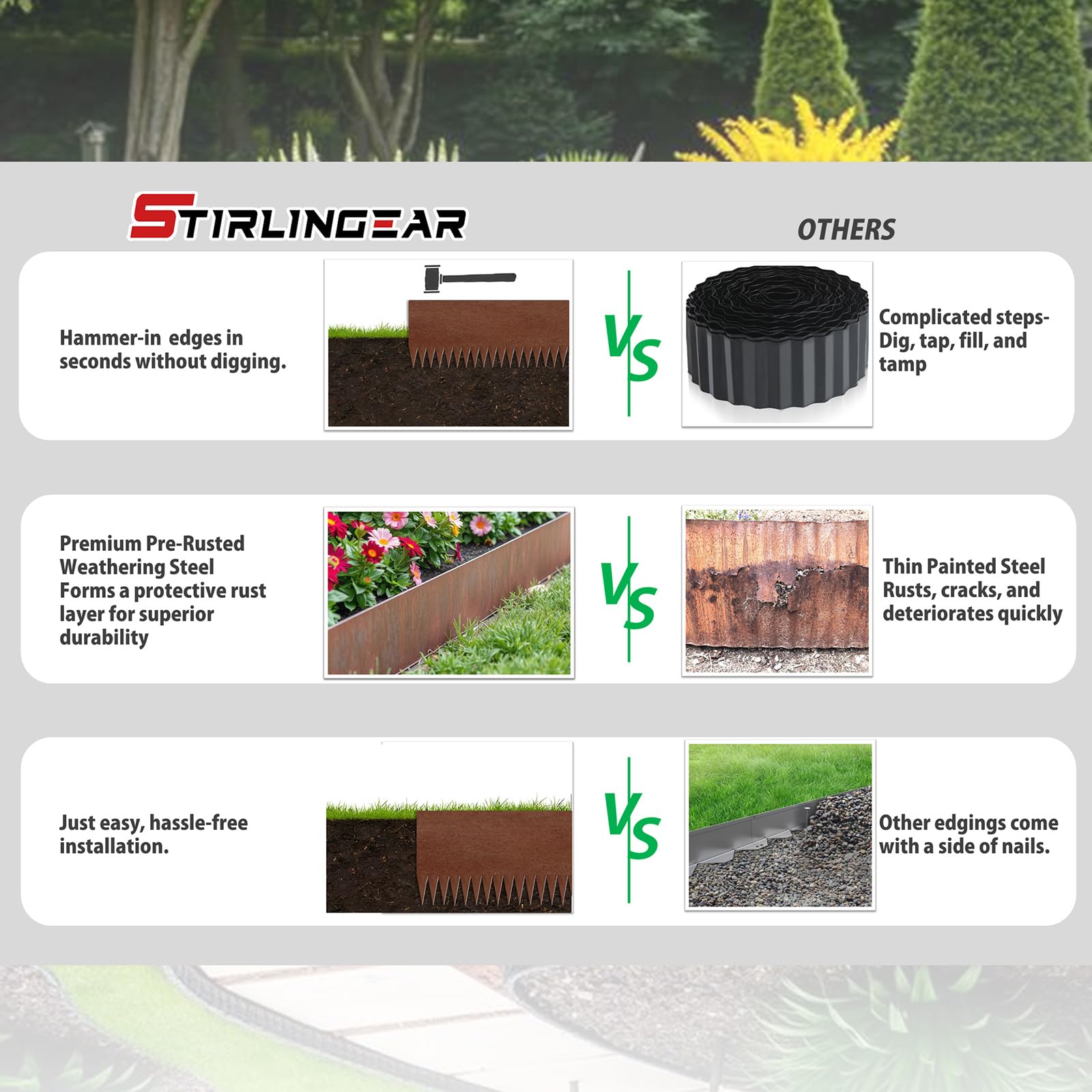 STIRLINGEAR gently curved edging installed around a garden bed for smooth curves