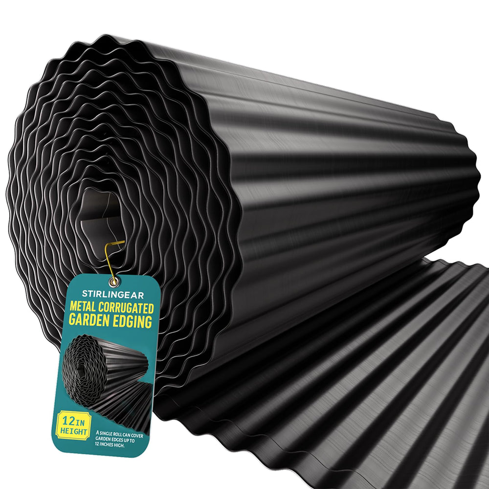 STIRLINGEAR front view of 12-inch metal edging roll shows compact packaging and benefits
