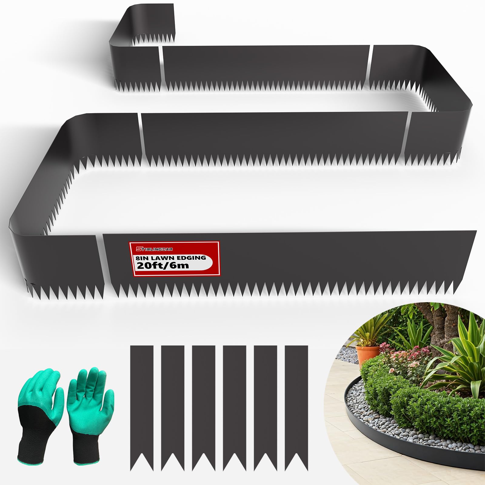 STIRLINGEAR front view of 6-pack metal edging kit showing neat packaging and benefits
