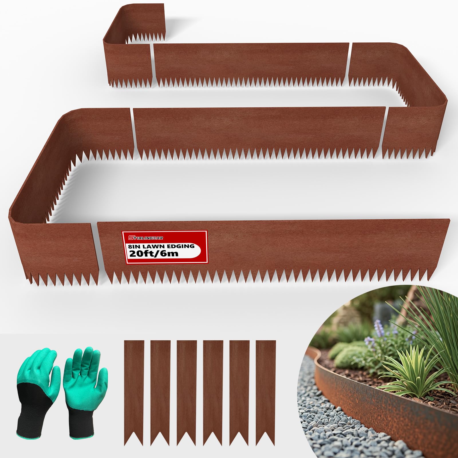 STIRLINGEAR front view of six-pack rusted edging showing full panels and stakes