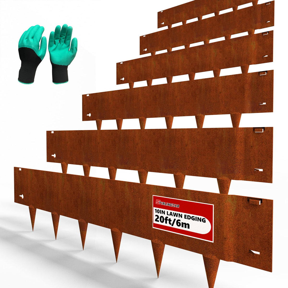 STIRLINGEAR front view of six rusted metal edging pieces showing uniform finish and coverage