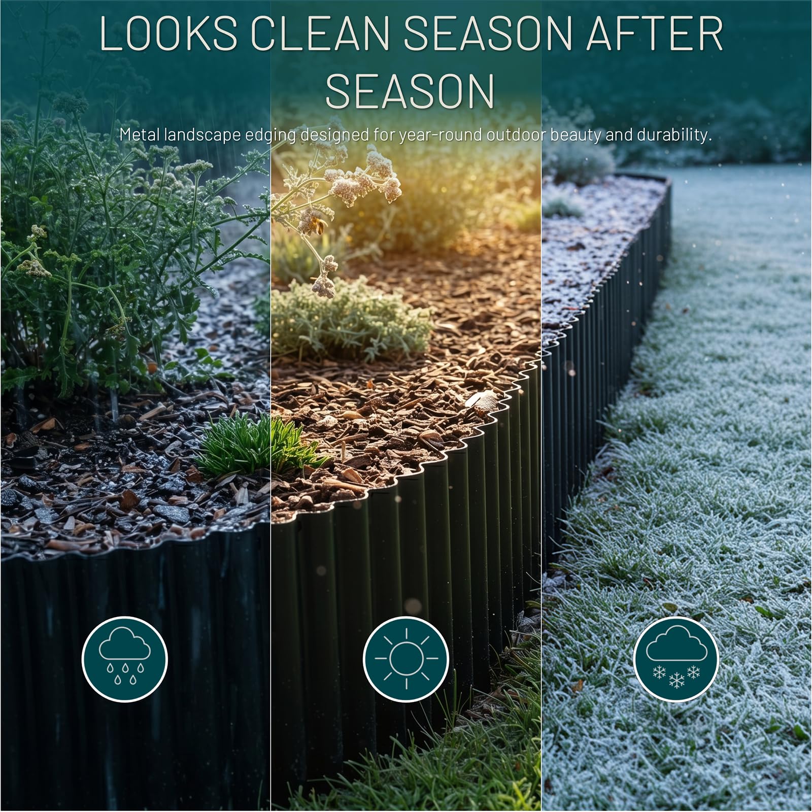 STIRLINGEAR metal edging installed in a flower bed keeping mulch contained