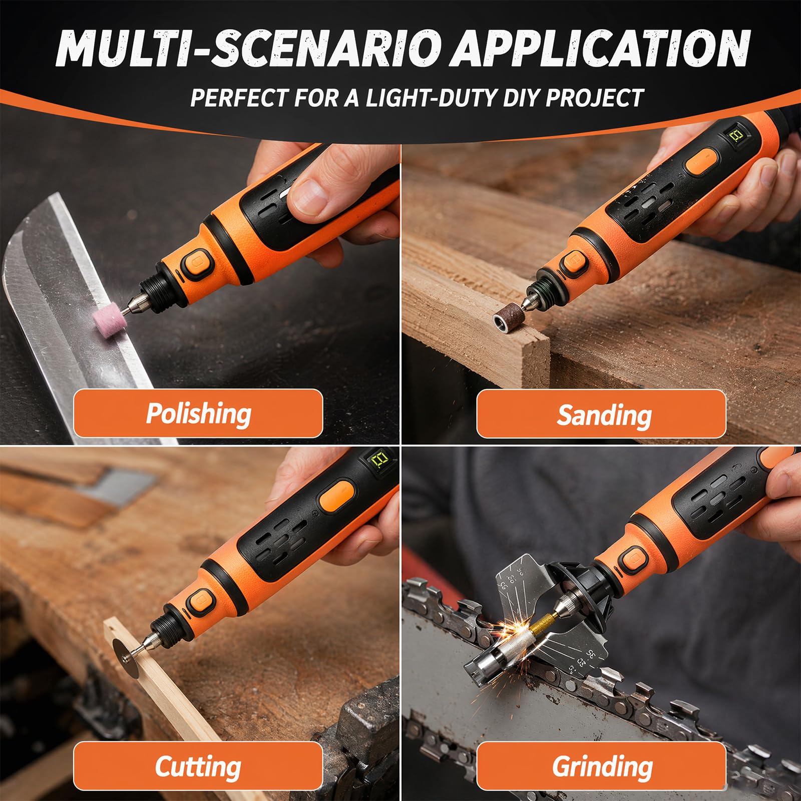 STKR sharpener in use on chainsaw illustrating cordless field convenience