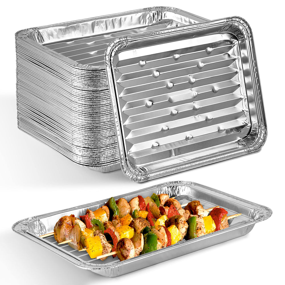 Stock Your Home front pack showing 25 disposable broiler pans and convenience