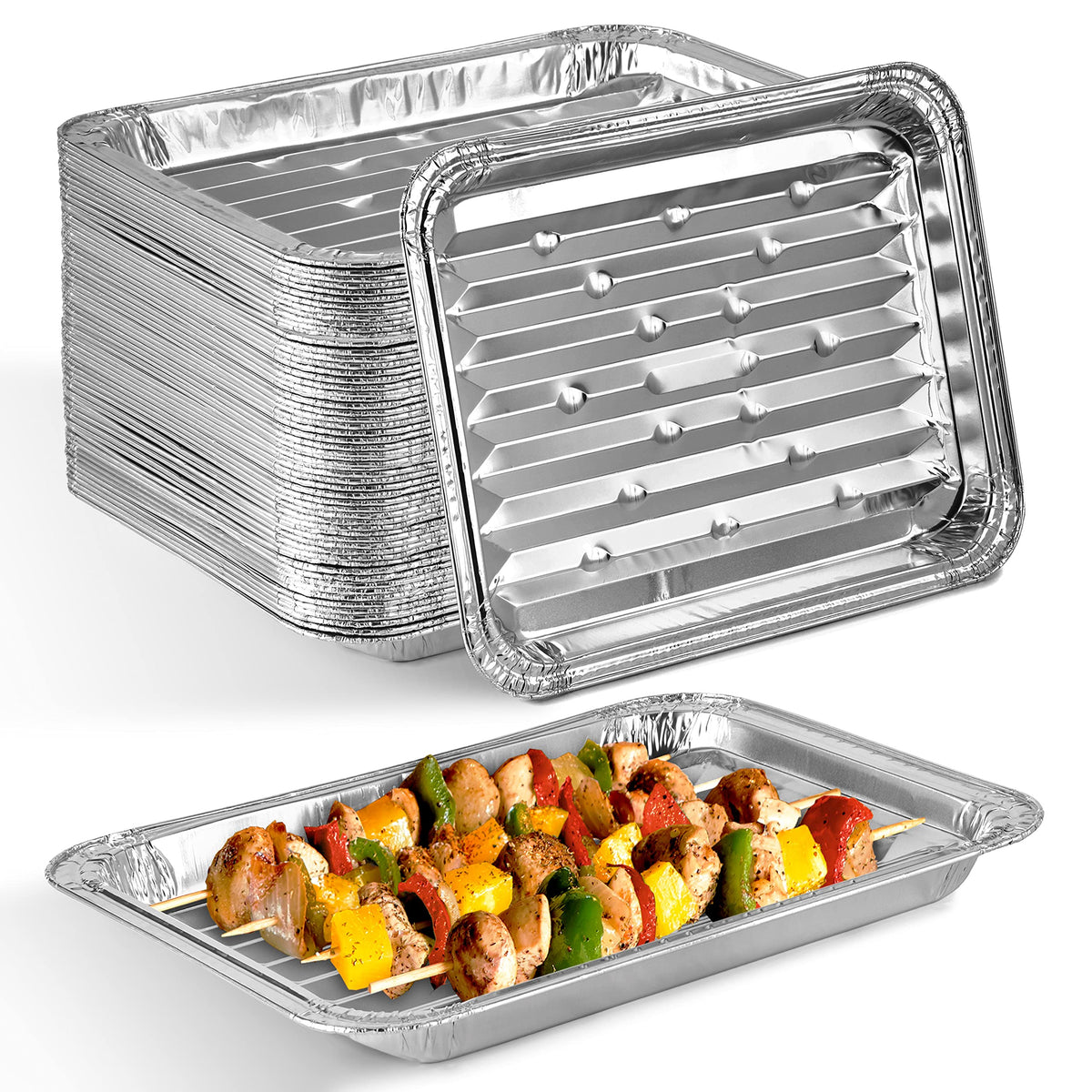 Stock Your Home front pack showing 25 disposable broiler pans and convenience