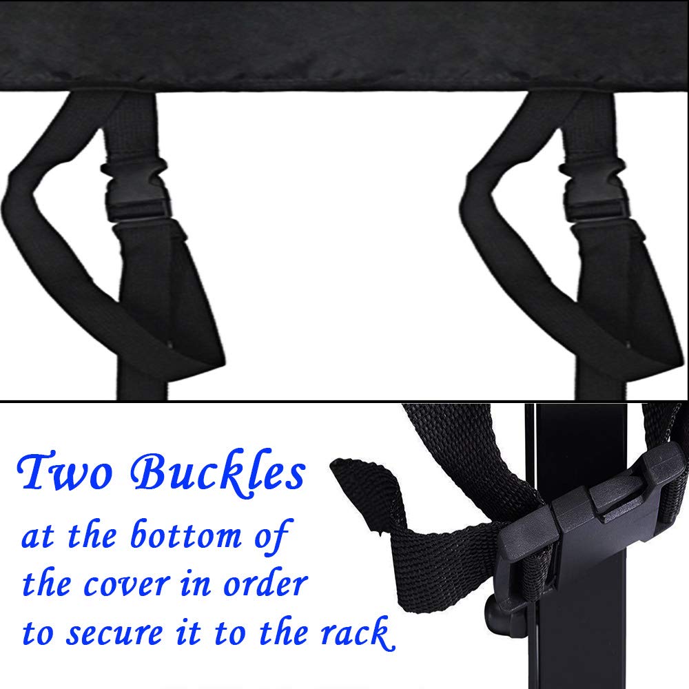 StorMaster tie-down straps secured around rack legs to prevent wind lift