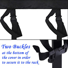 StorMaster tie-down straps secured around rack legs to prevent wind lift