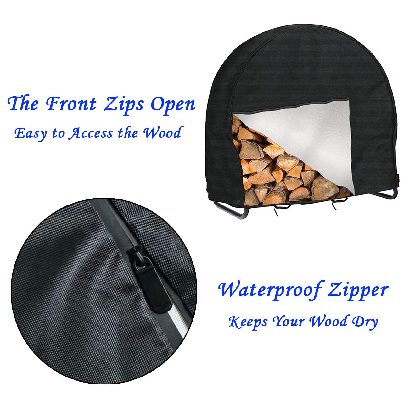 StorMaster front zipper open for convenient access and quick wood retrieval