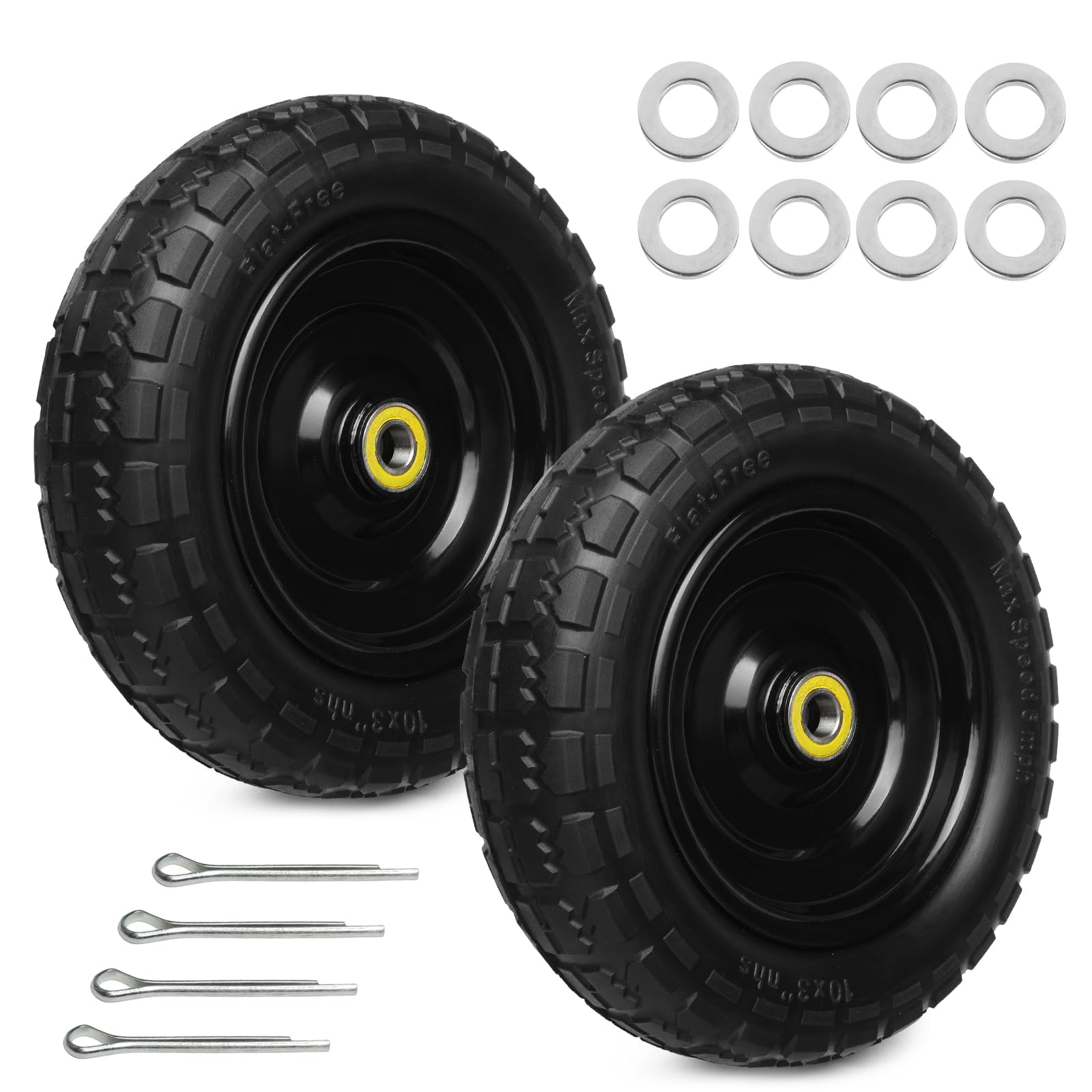 Storystore front view of two 13-inch flat-free replacement tires showing tread and steel core for durable rolling
