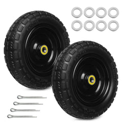Storystore front view of two 13-inch flat-free replacement tires showing tread and steel core for durable rolling