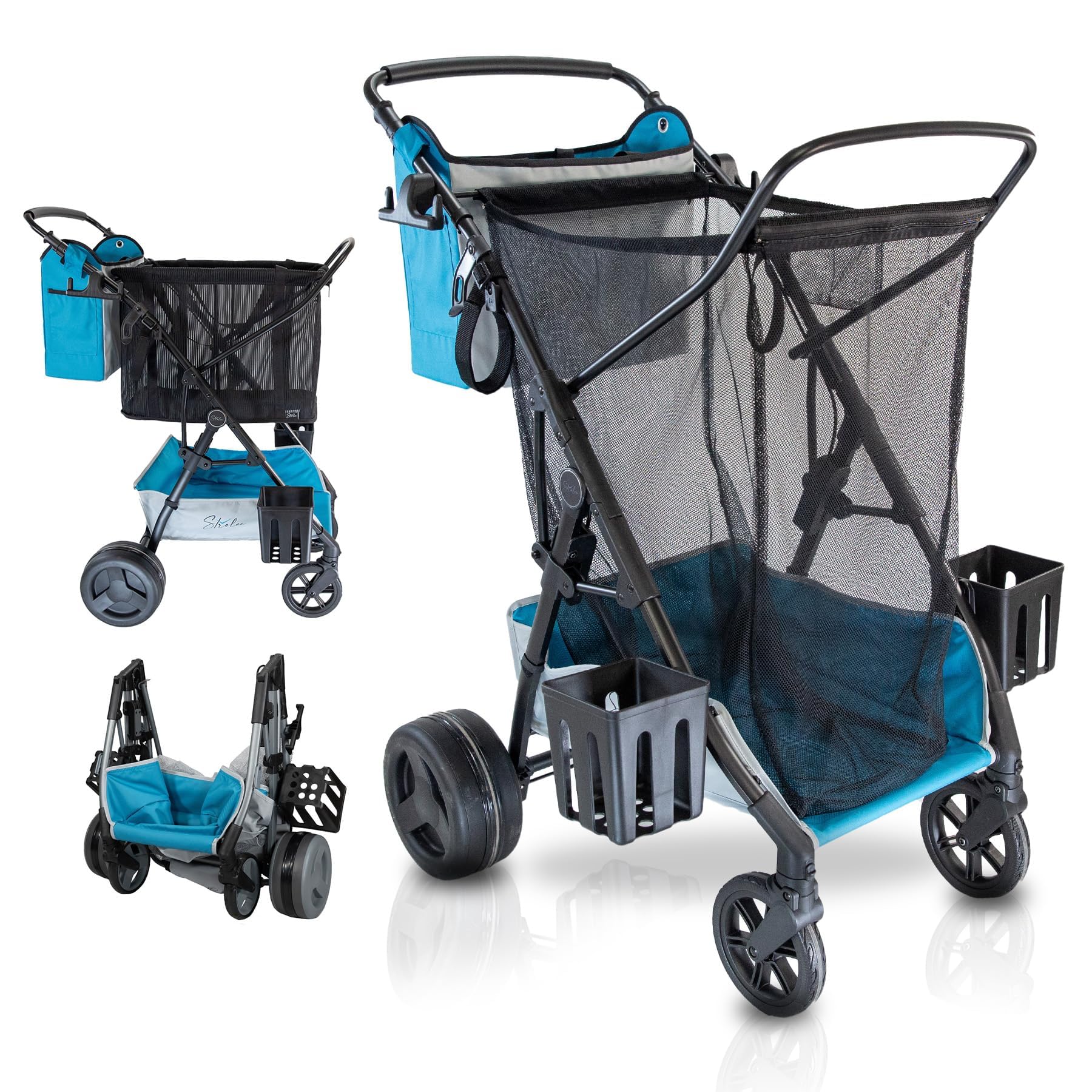 Strolee front packaging showing blue cart, highlights portability and setup