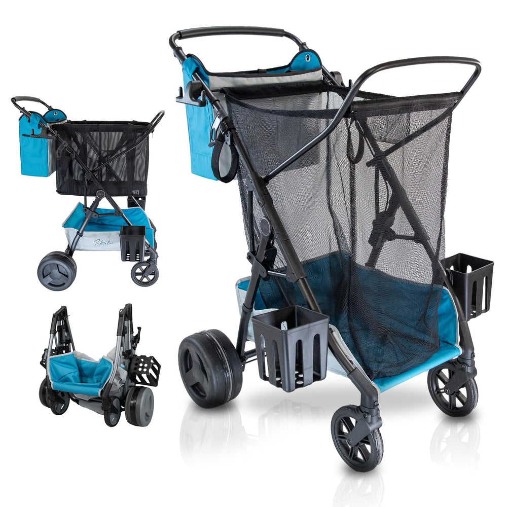 Strolee front packaging showing blue cart, highlights portability and setup