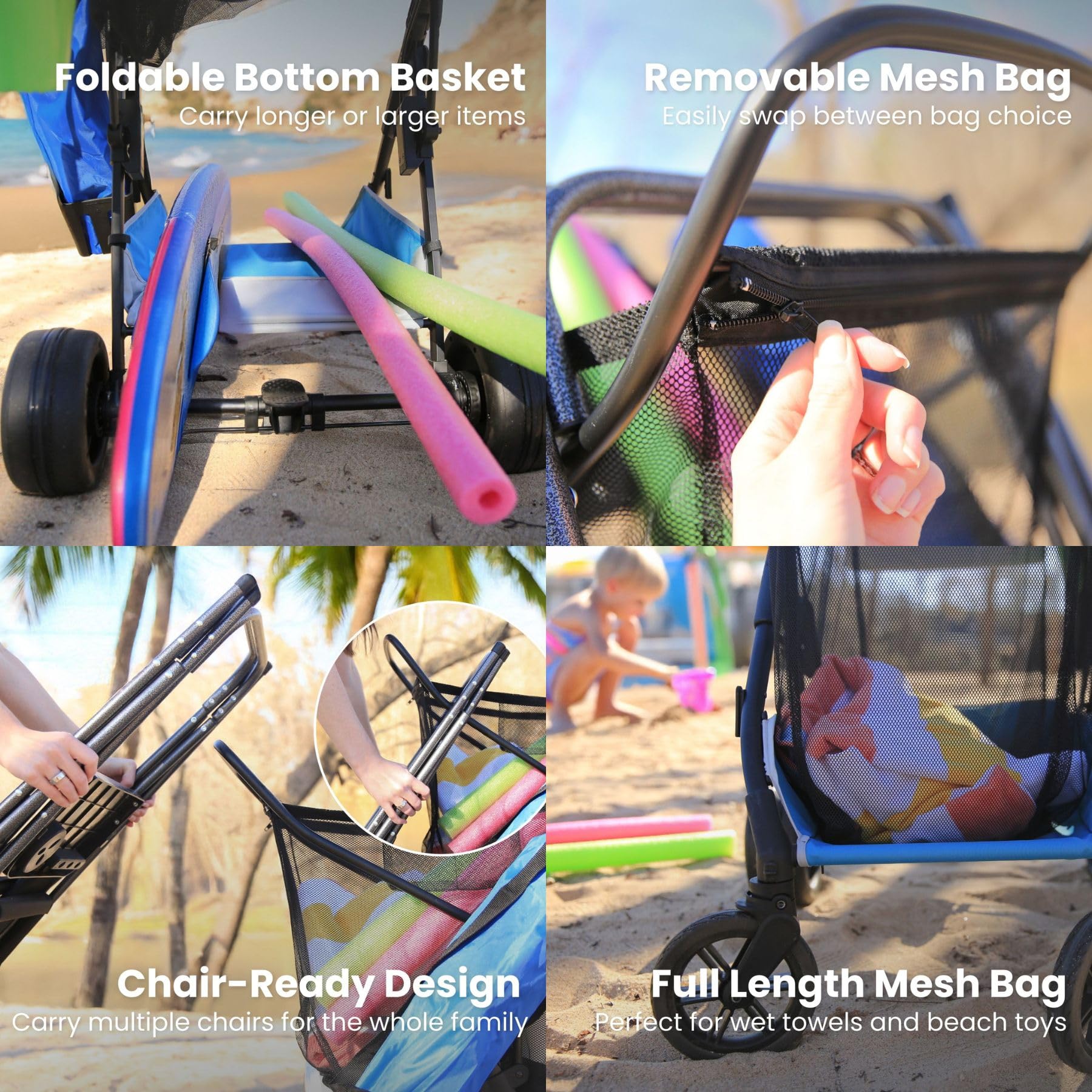 Strolee full cart on beach showing easy transport of chairs and towels