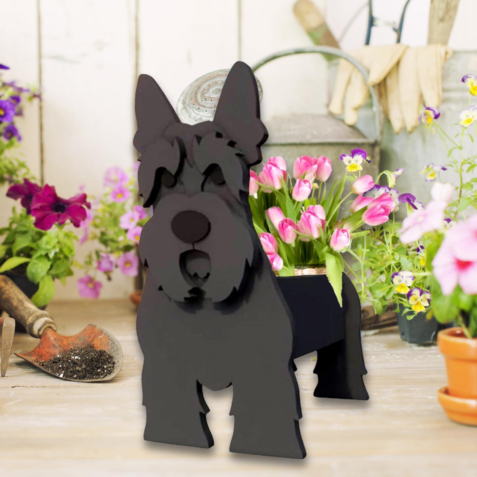 strolfay Scottish Terrier planter next to common objects for scale and easy sizing decision