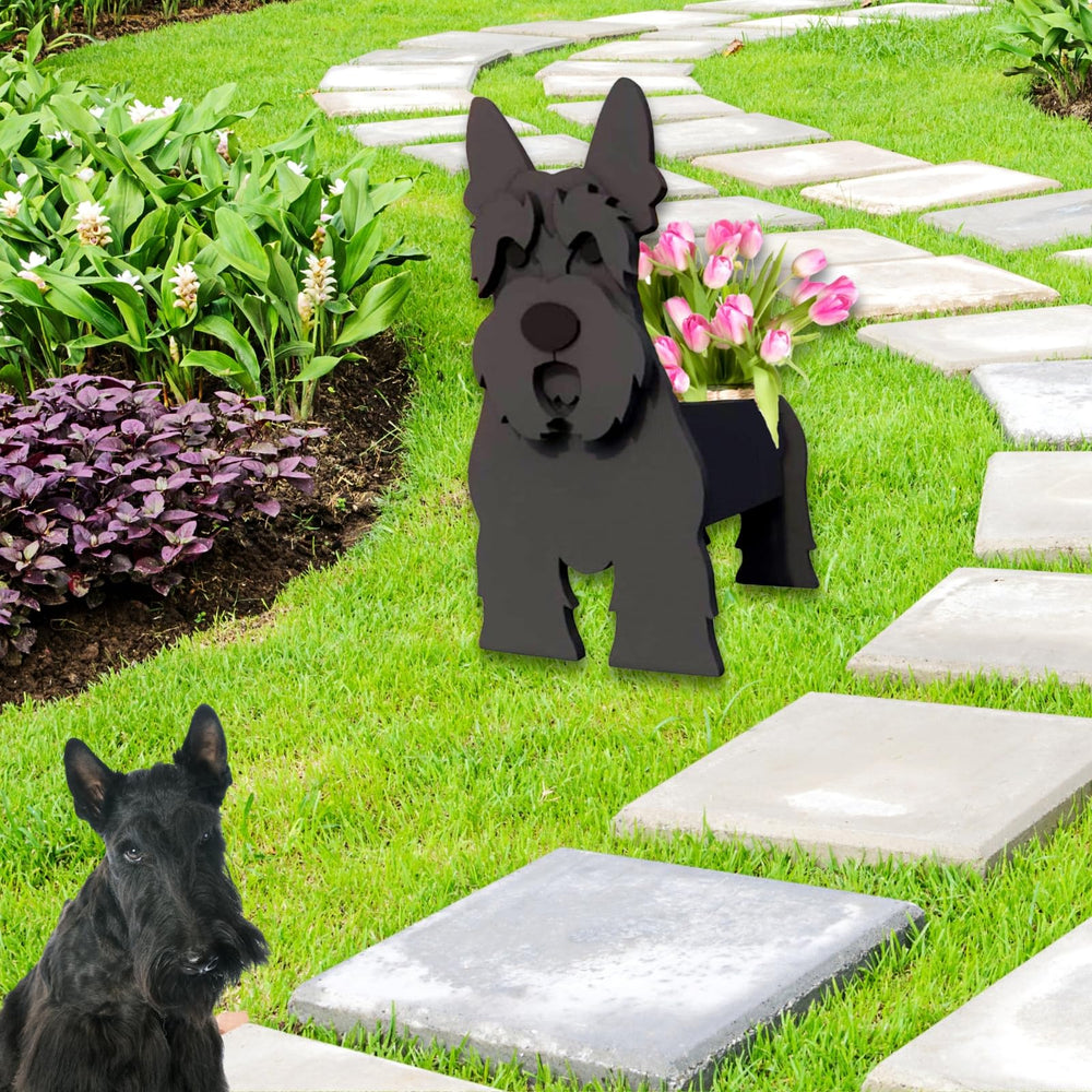 strolfay Scottish Terrier planter bottom drainage holes close-up protecting roots from overwatering