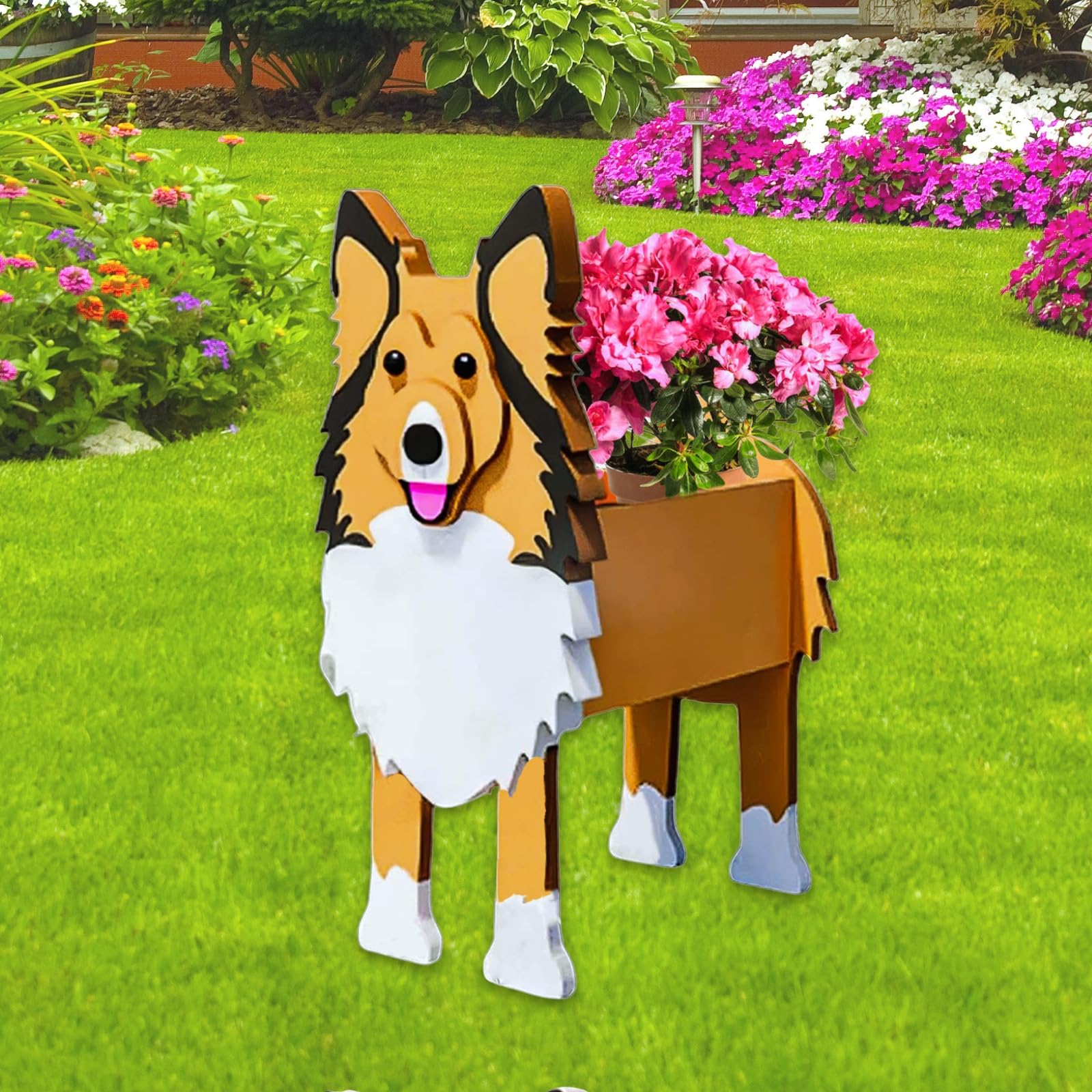 strolfay Sheltie dog planter front view showing cheerful design and decorative appeal