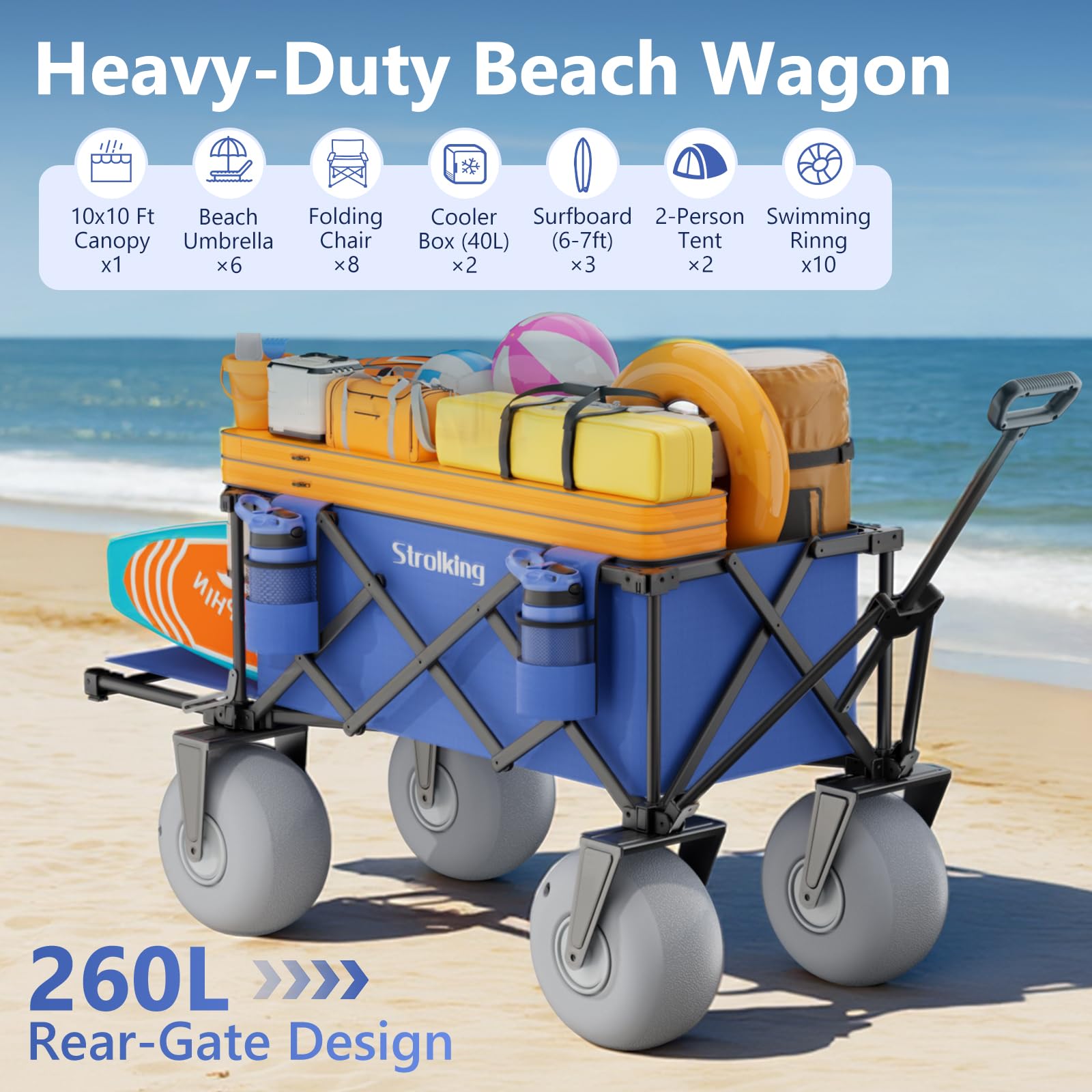 Strolking wagon loaded on beach in lifestyle scene for family convenience