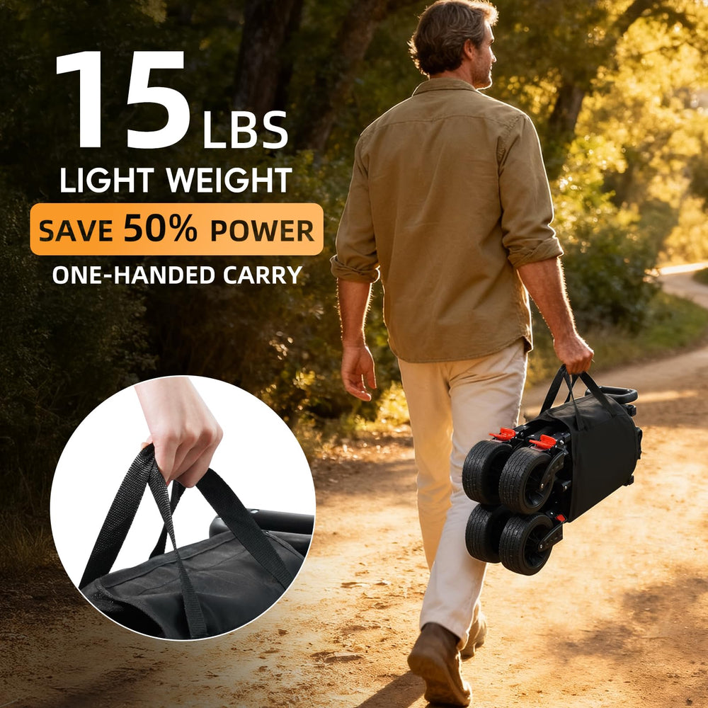 Strolking size comparison with groceries demonstrating 440 lb capacity and roomy bed