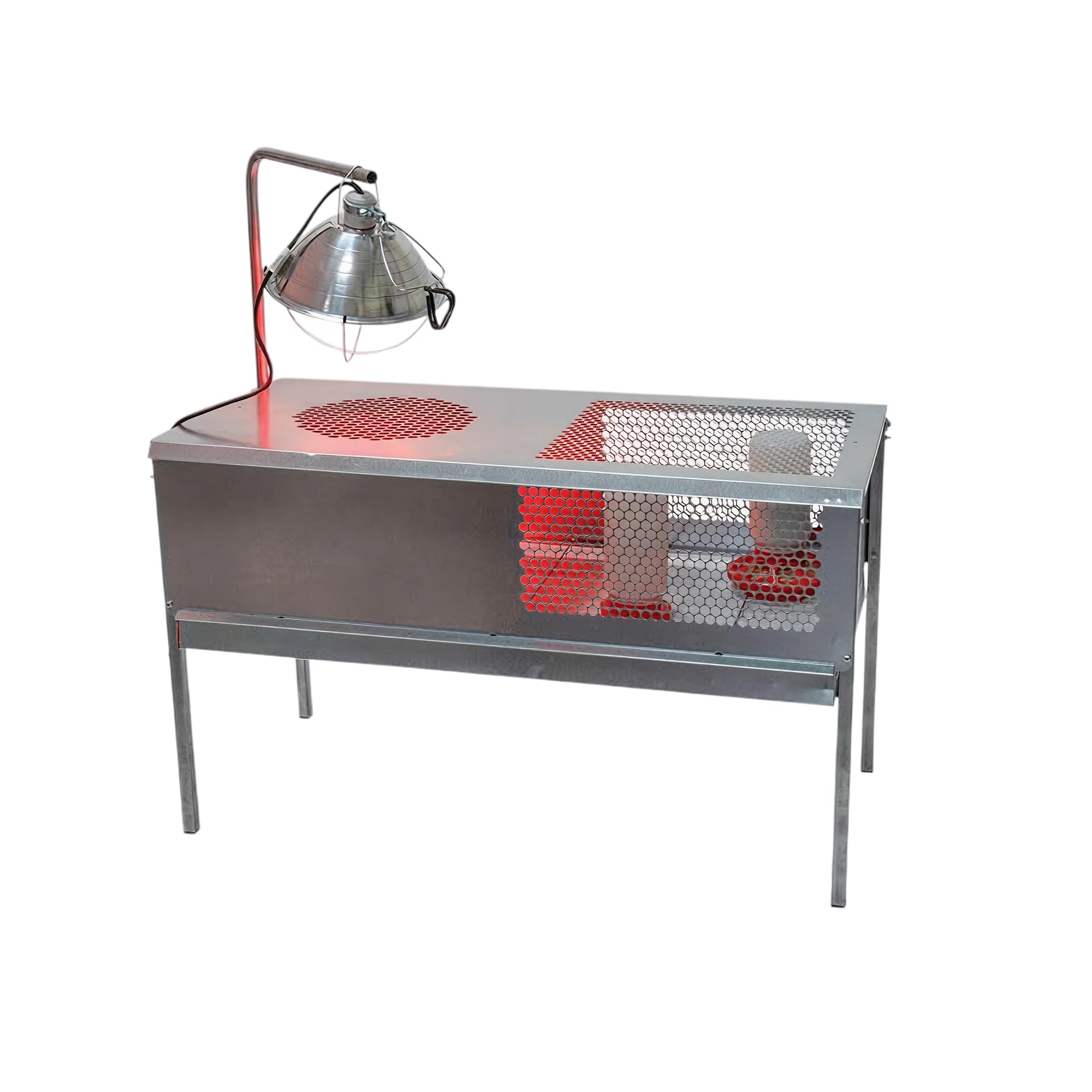 Stromberg's front view of brooder showing durable steel frame and access benefits