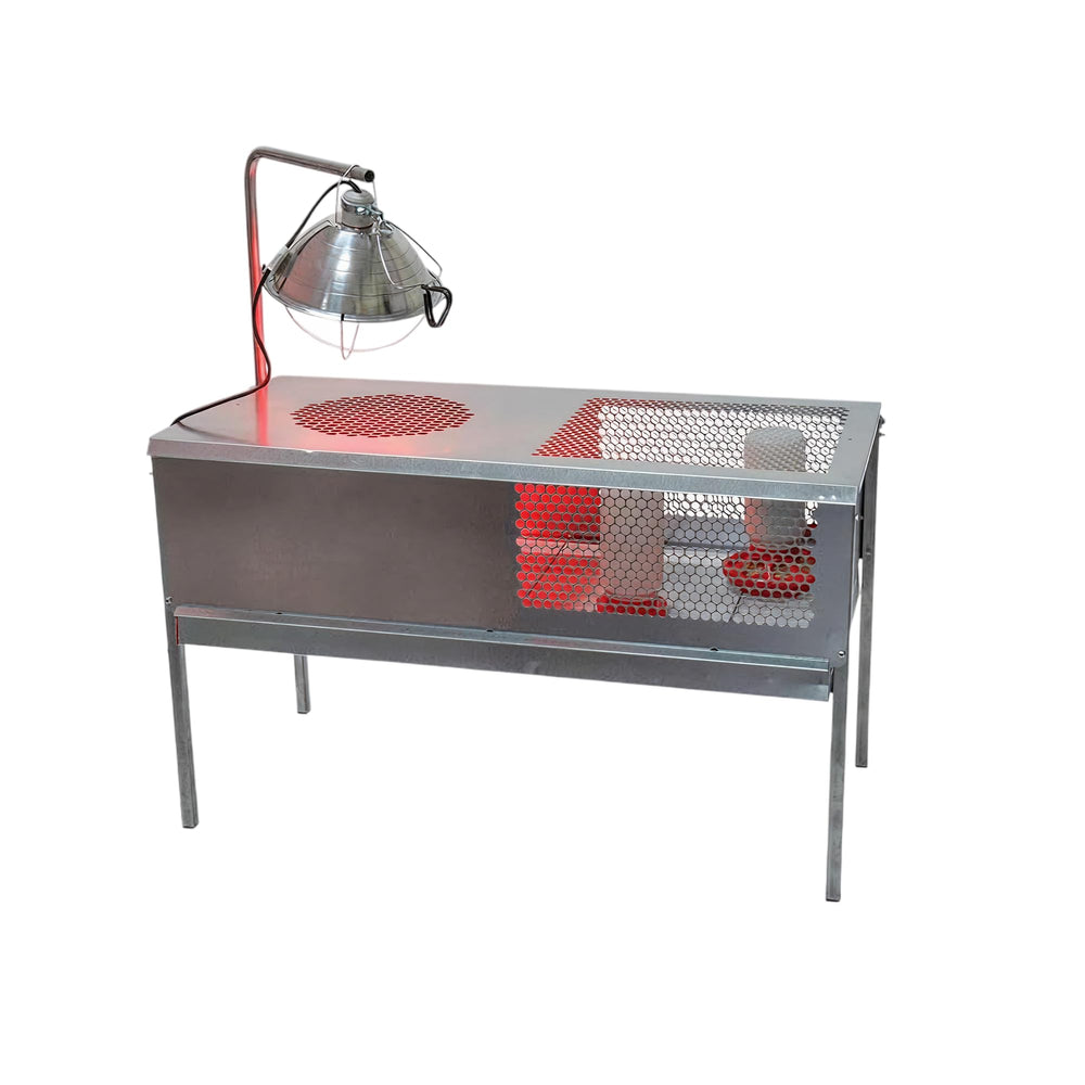 Stromberg's front view of brooder showing durable steel frame and access benefits