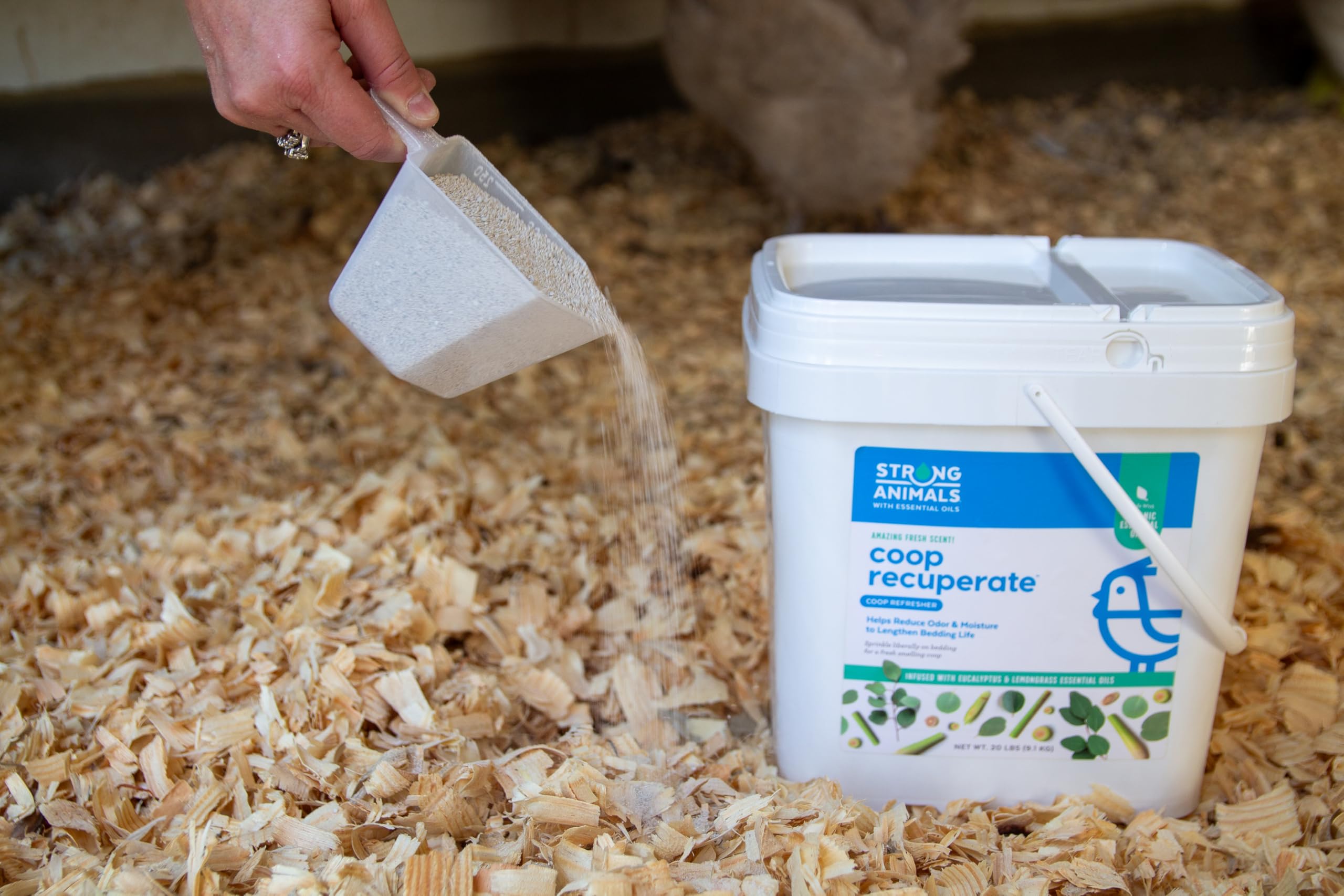 Strong Animals product scattered in coop to reduce odor and moisture