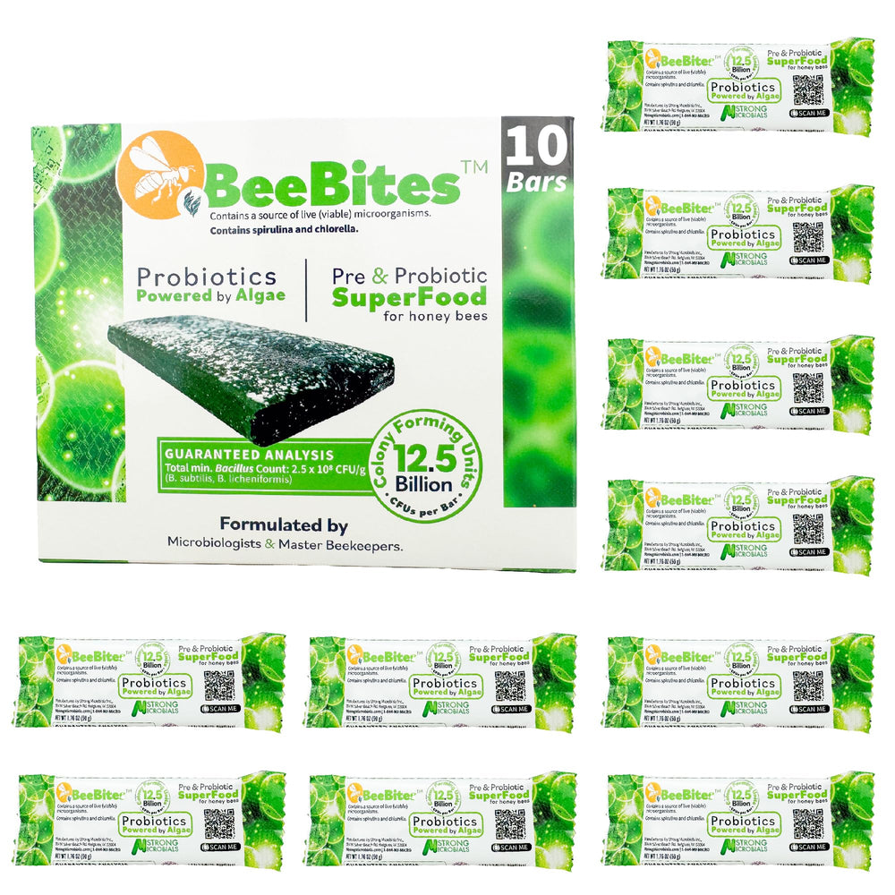 STRONG MICROBIALS front packaging showing BeeBites and product benefits