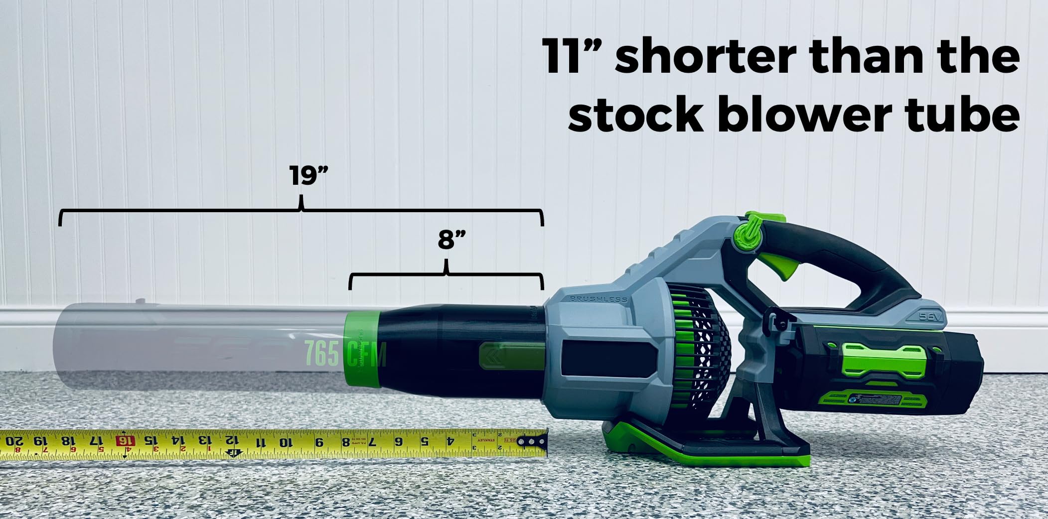 Stubby Nozzle Co. mounted on an EGO blower demonstrating secure fit and improved reach