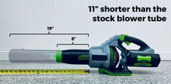 Stubby Nozzle Co. mounted on an EGO blower demonstrating secure fit and improved reach