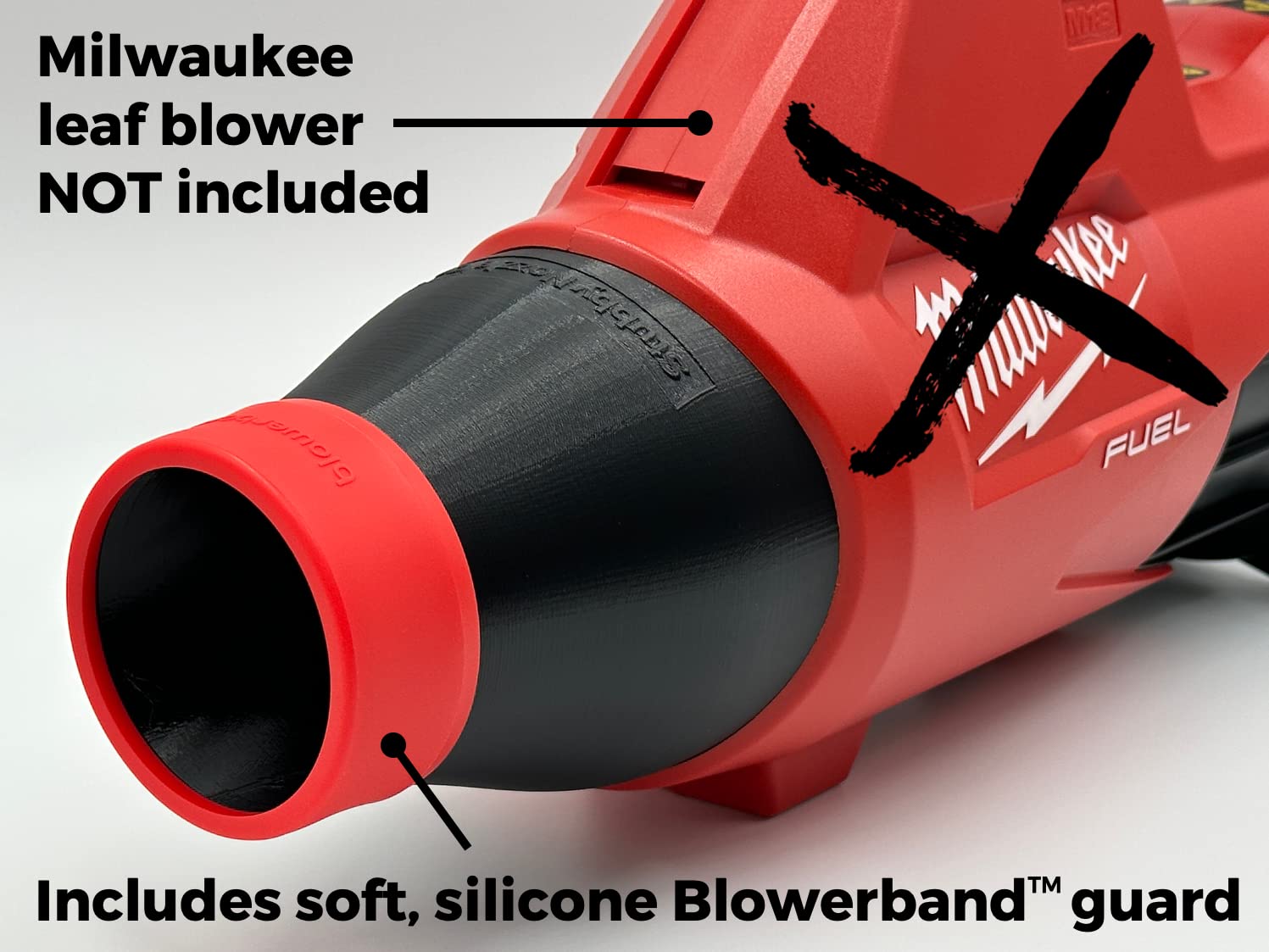 Stubby Nozzle Co. attached with red Blowerband, secure fit prevents blow-off