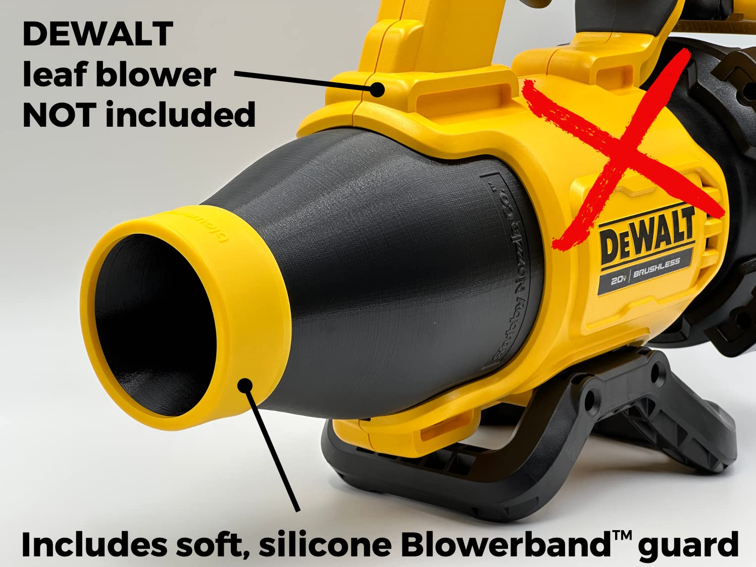 Stubby Nozzle Co. installed on DEWALT Gen II blower demonstrating secure fit