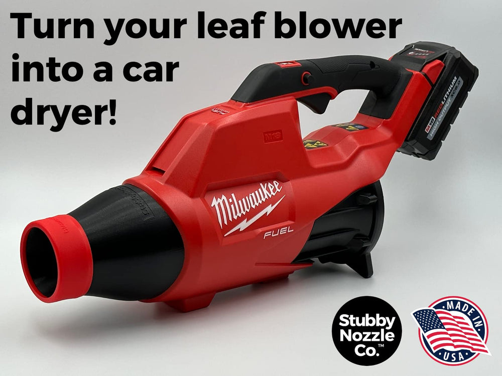 Stubby Nozzle Co. mounted on Milwaukee blower, converts blower into car dryer