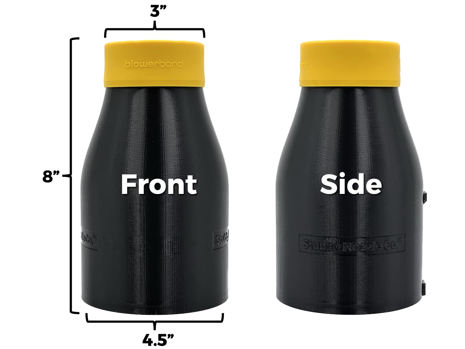 Stubby Nozzle Co. with included yellow blowerband showing secure attachment benefit