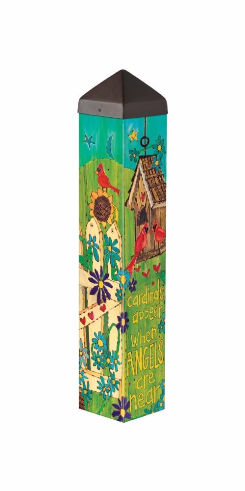 Studio M front view of art pole showing vivid angels and cardinals, durable outdoor flair