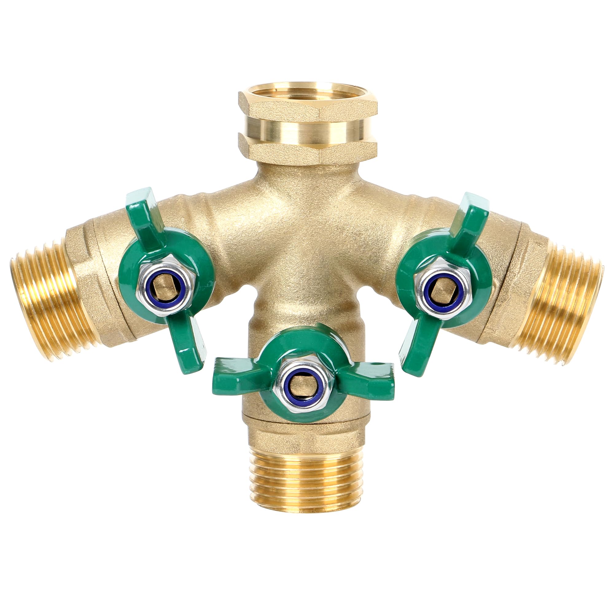 STYDDI front view of brass 3-way splitter showing durable construction and clear ports