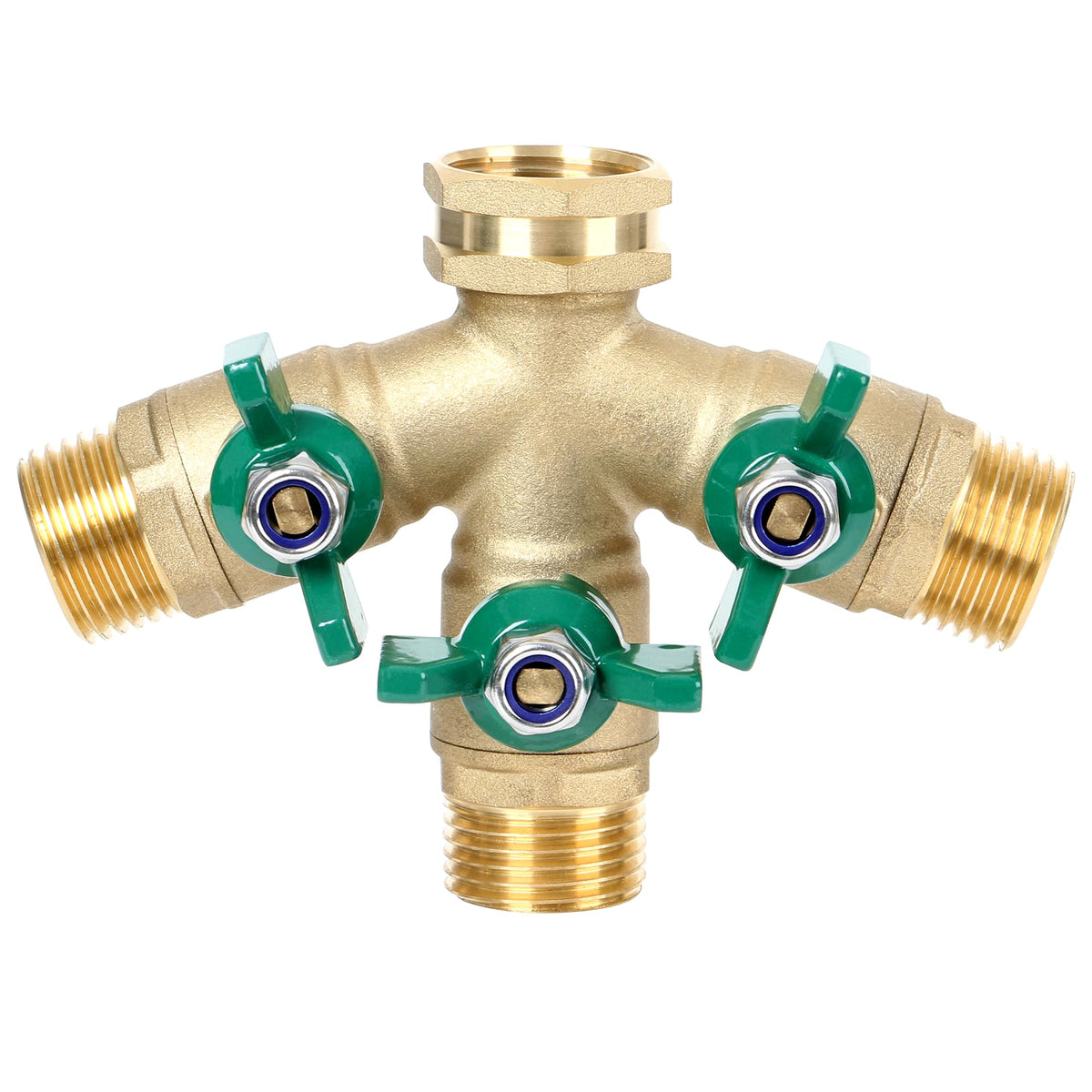 STYDDI front view of brass 3-way splitter showing durable construction and clear ports